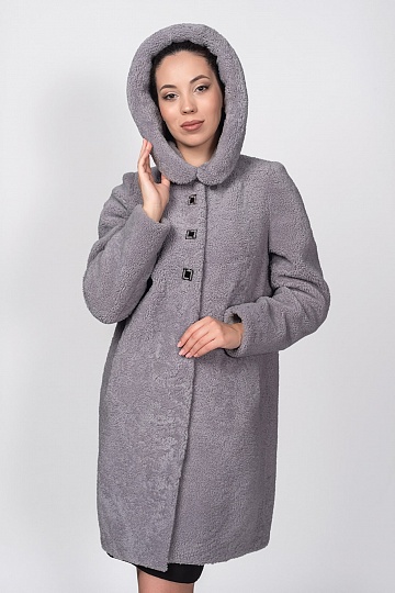 Пальто из меха овчины (керли) с капюшоном О-217