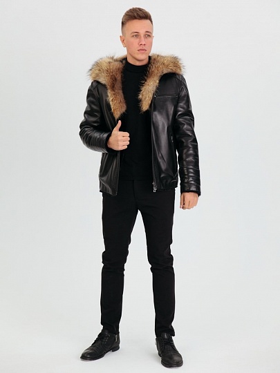  Куртка мужская из натуральной кожи, капюшон,1031 Рауль