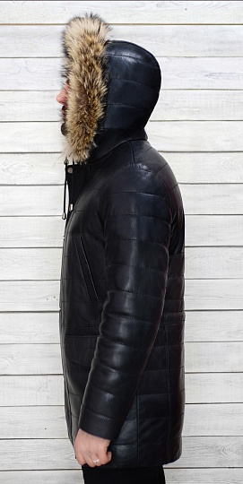 Мужская кожаная куртка с капюшоном м-905